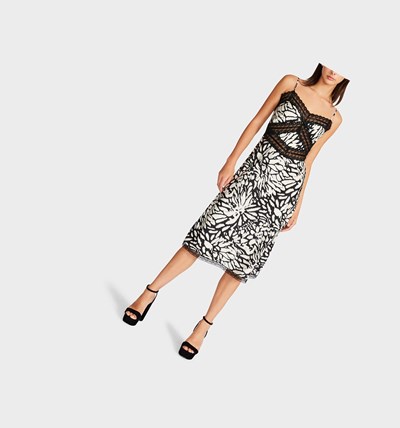Black Betsey Johnson Blurred Lines Printed Dull Charmeuse Slip Women's Dresses | GTPC-09413