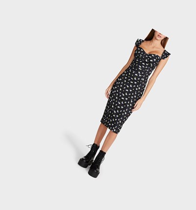 Black Betsey Johnson Grape Bouquet Midi Women's Dresses | LJSP-82396