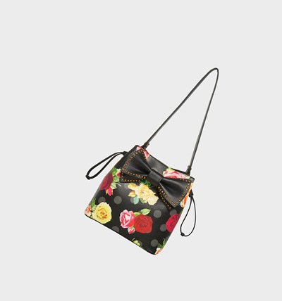 Black Betsey Johnson Mirror Floral Bucket Bag With Bow Floral Women's Shoulder Bags | ABLF-12953