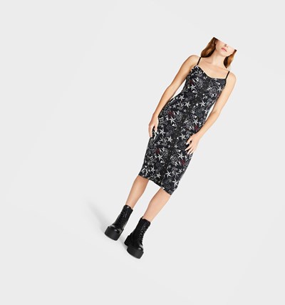 Black Betsey Johnson Pretty In Punk Vintage Inspired Slip Tattoo Print Women's Dresses | VCPE-01463