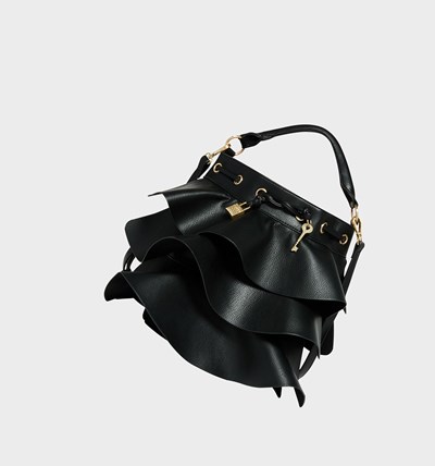 Black Betsey Johnson Ruffle Up Bucket Bag Women's Shoulder Bags | PLRI-83170