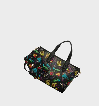 Black Betsey Johnson Tattoo Print Tote With Pouch Women's Crossbody Bags | TECJ-78609
