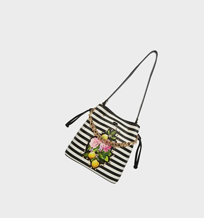 Black / White Betsey Johnson Seeing Stripes Bucket Bag Women's Shoulder Bags | ZBCR-83524