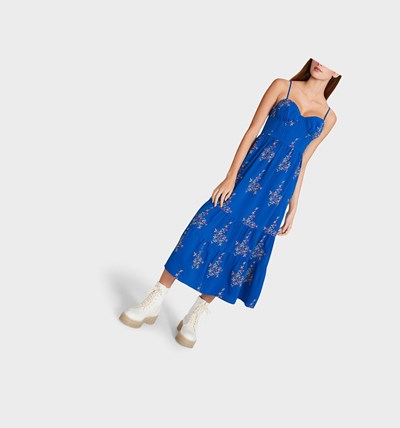 Blue Betsey Johnson Vintage Floral Bustier Midi Women's Dresses | HOEN-43621