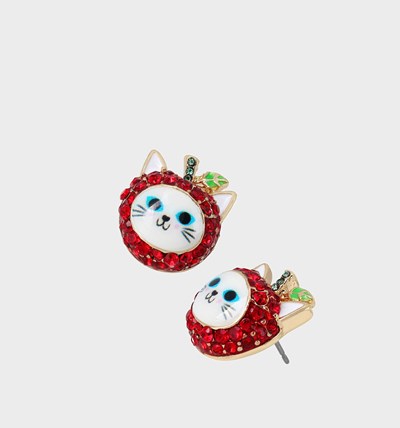 Red Betsey Johnson Back To Cool Cat Apple Studs Women's Earrings | KQDO-10279