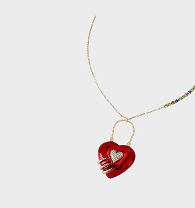 Red Betsey Johnson Back To Cool Heart Padlock Pendant Women's Necklaces | OPUE-07849