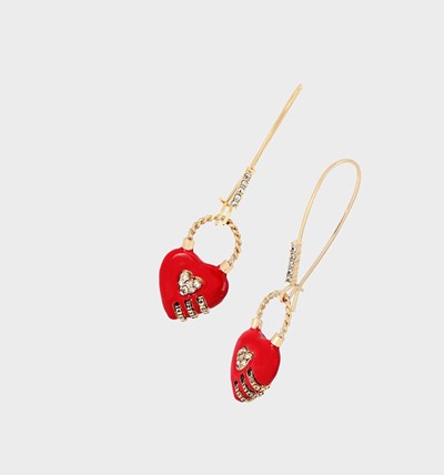 Red Betsey Johnson Back To Cool Heart Padlock Hook Women's Earrings | RNVB-72460