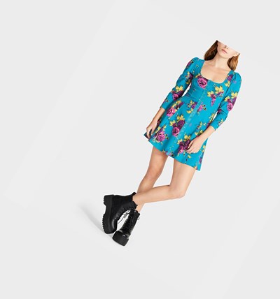 Turquoise Betsey Johnson Pretty In Punk Vintage Inspired Puff Sleeve Women's Dresses | MXQC-39647